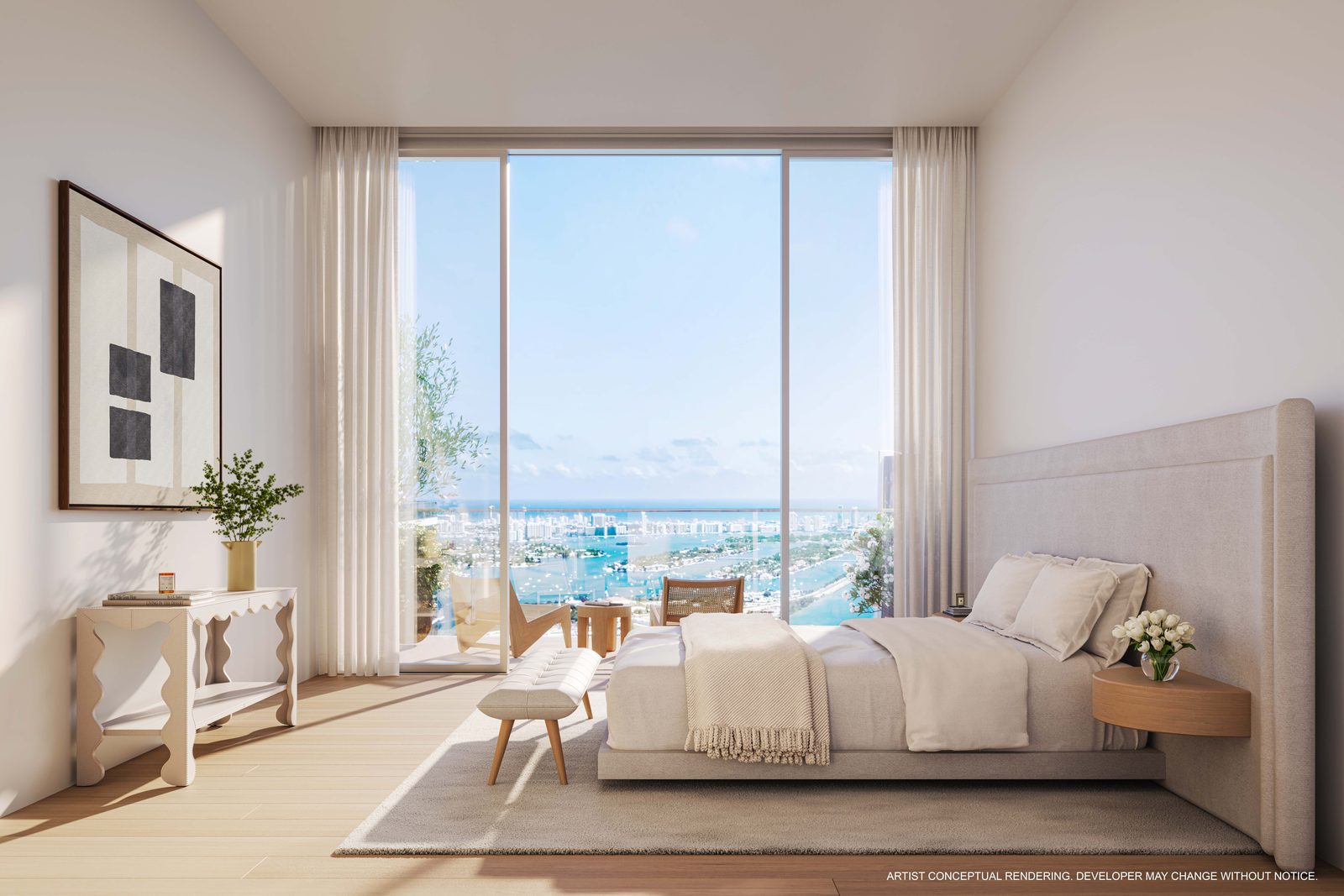 Primary bedroom with white oak flooring and city views