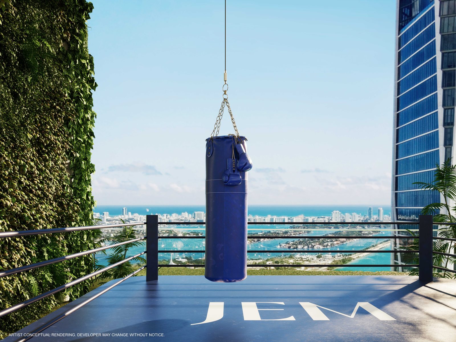 Outdoor fitness area with boxing arena and strength training