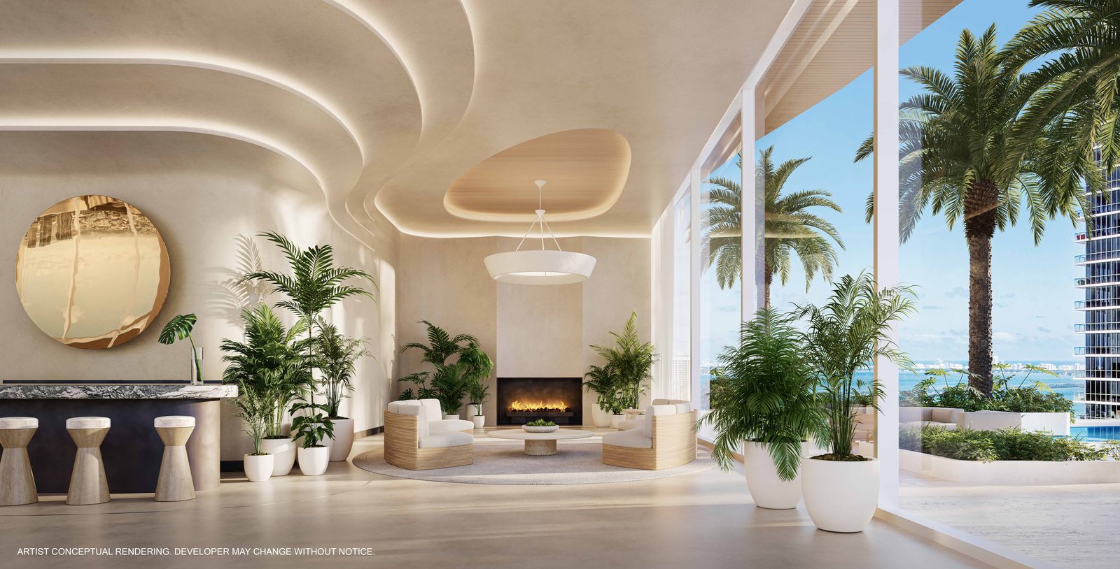 Sky lounge with fireplace and stone bar