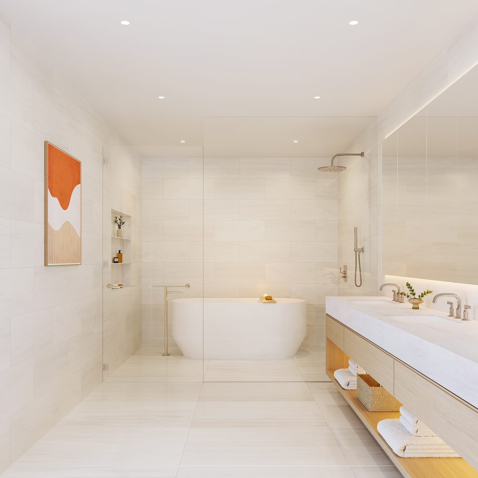 Primary bathroom with Bianco Dolomite porcelain and Kohler fixtures