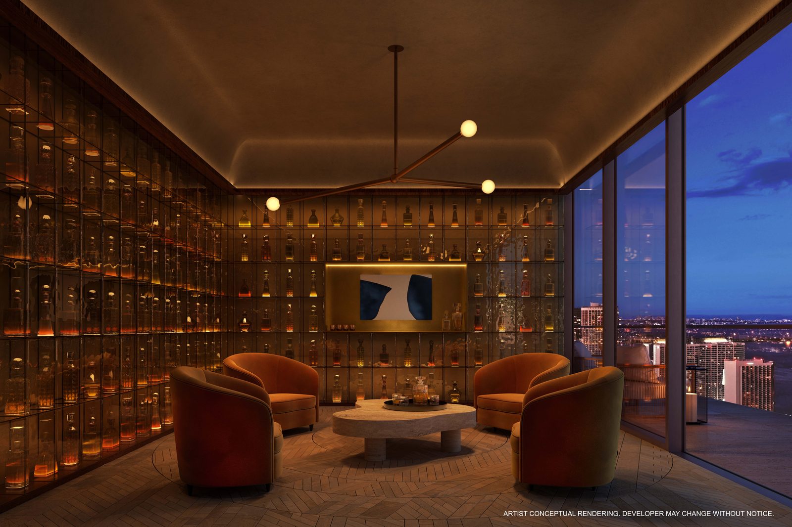 Private spirits tasting lounge with curated bar